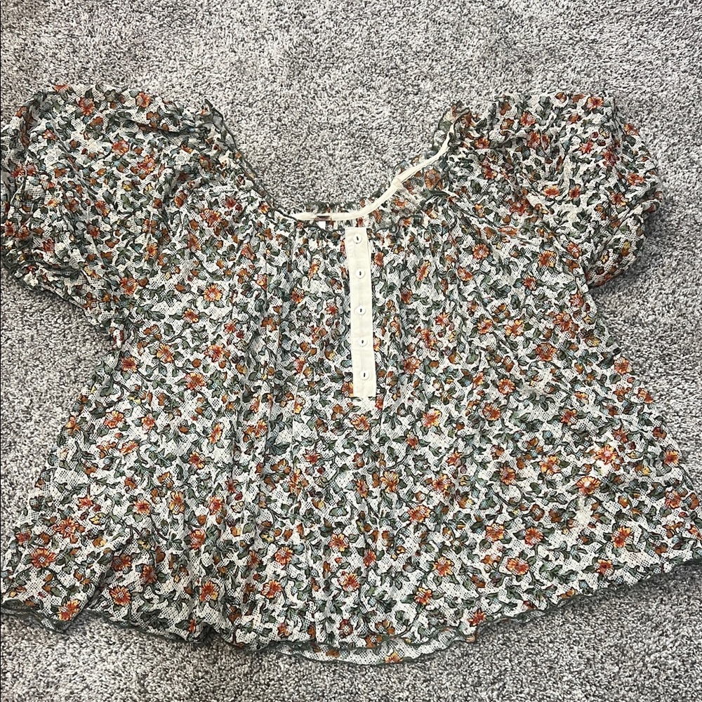 Free People Floral Puff Sleeve Button-Front Top - Cream, Orange & Green